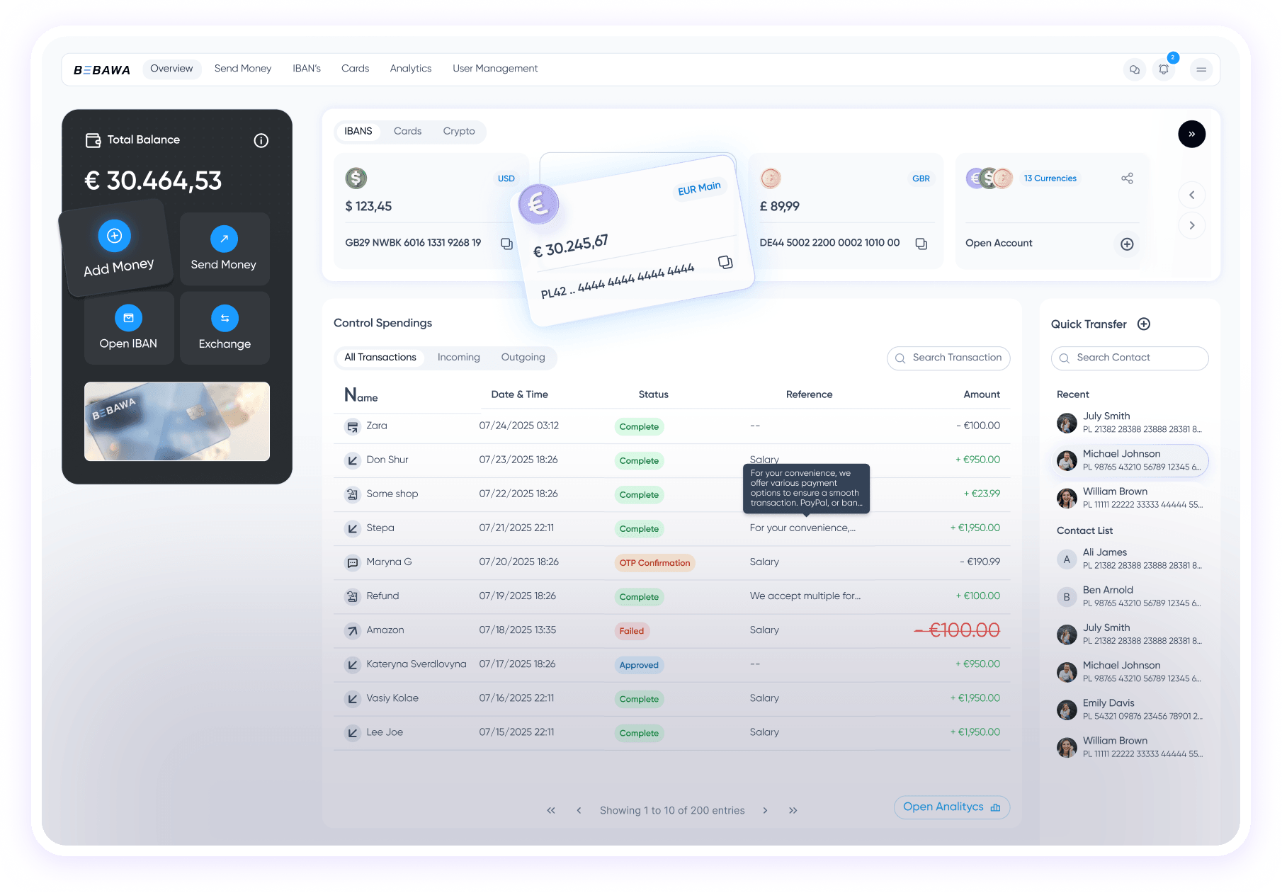 Bebawa banking platform interface showing accounts and transactions